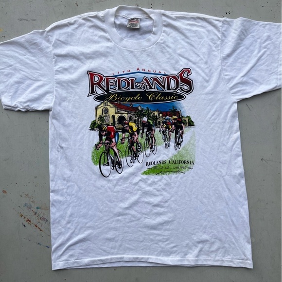 Men's Vintage Oneita T-Shirt White Redlands XL Single Stitch 90s CA Bike Racing